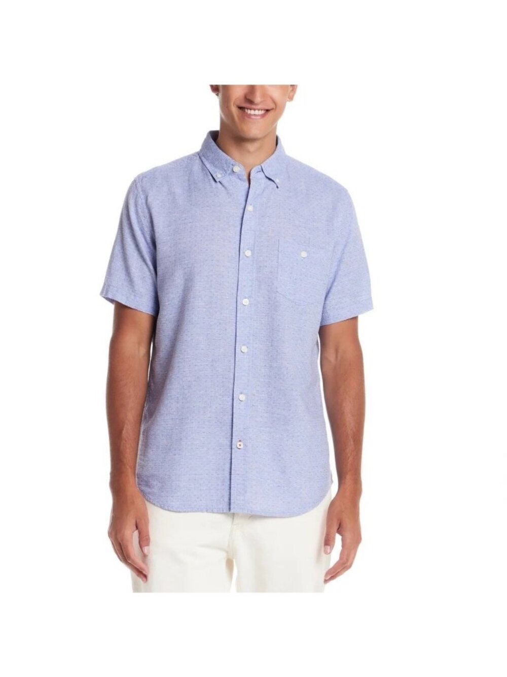 NWT Weatherproof Vintage Men's M Blue Short Sleeve Button-Up Shirt Linen-Cotton